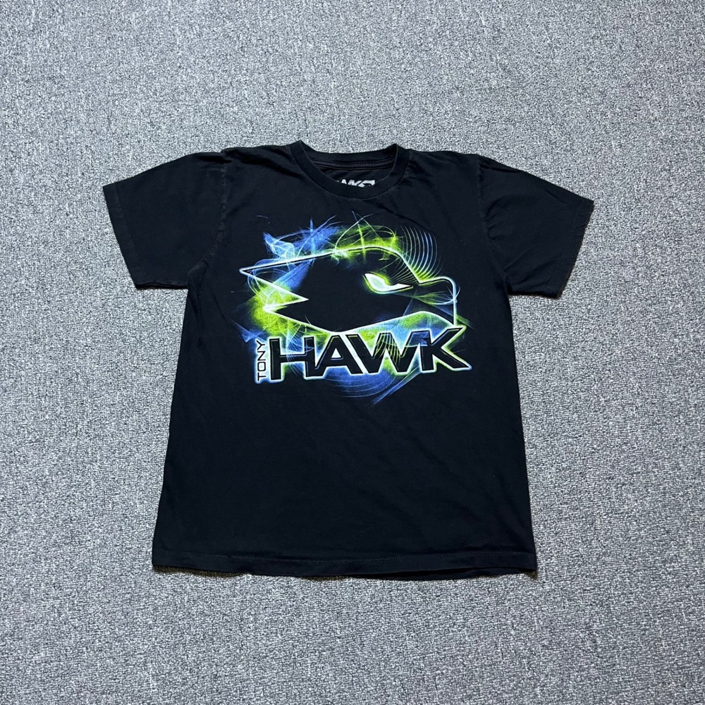 Tony Hawk Graphic T-Shirt Kids Size M Black Neon Blue Green Skater Tee 2017